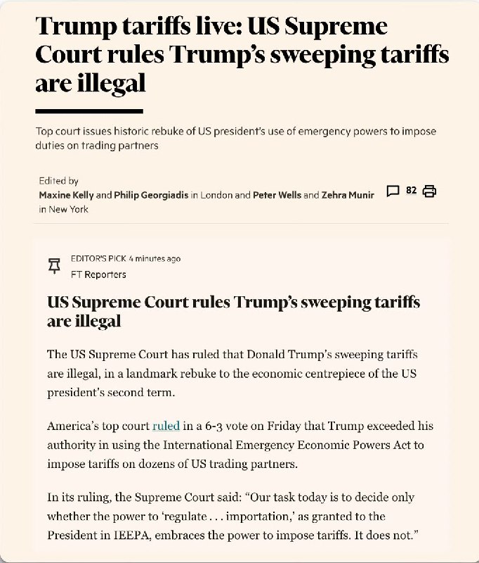 美国最高法院裁定特朗普的关税政策无效2月19日，美国最高法院驳回了唐纳德·特朗普总统在全球范围内实施的大规模关税，削弱了他标志性的经济政策，也是他重返白宫以来遭遇的最大法律挫败