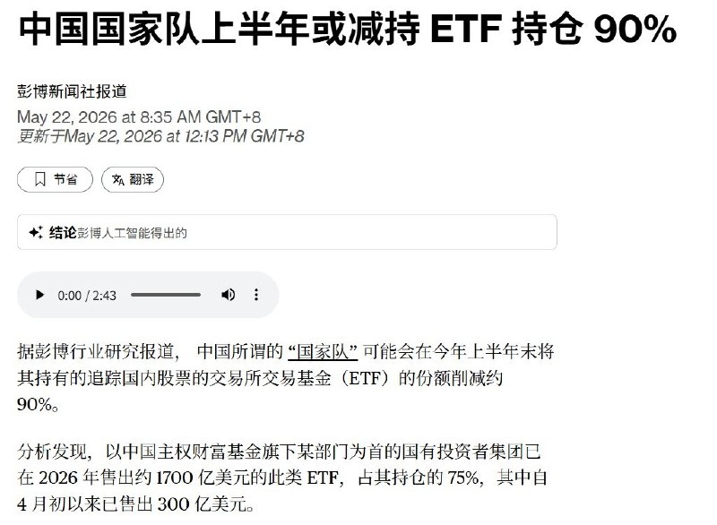 彭博社报道国国家队上半年或减持 ETF 持仓 90%查看原文📝 引用推文:“车门焊死”八部门联合整治非法跨境炒股七要点：设置2年集中整治期，存量只允许单向卖出5月22日，中国证监会等八部门联合印发《方案》 《方案》总体要求是经过2年集中整治，全面取缔境外证券期货基金经营机构非法跨境经营活动，实现“坚决取缔非法、稳妥清理存量”的整治目标