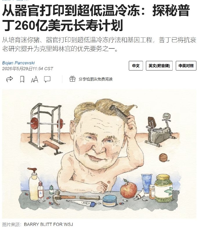 5月29日，WSJ报道：普京正把“对抗衰老、延长寿命”从个人执念升级为国家战略，俄罗斯正投入数百亿美元推进器官打印、基因疗法、异种移植和冷冻疗法等长寿科技